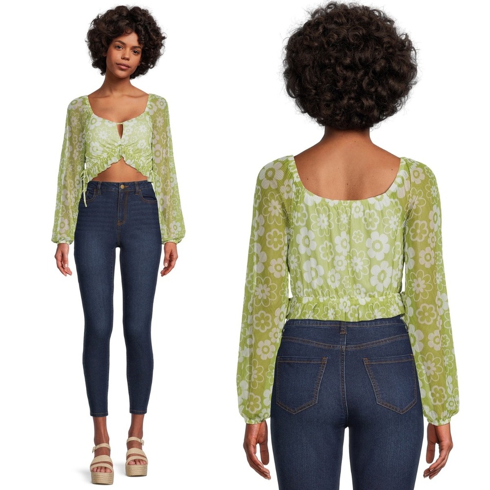 Madden NYC Floral Crop Top‎ Green Mesh Long Sleeve XXL Retro Y2K Boho